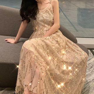 Strappy Sequined Mesh Overlay A-line Maxi Dress