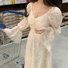 Long-sleeve Tie-front Lace Midi A-line Dress / Fleece Toggle Jacket