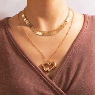 Heart Pendant Disc Layered Alloy Choker Necklace 17460 - Gold - One Size