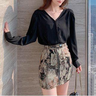 Set: Plain Blouse + Floral Print Skirt