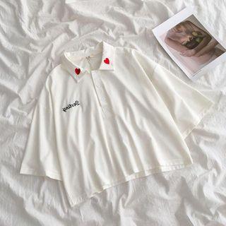 Short-sleeve Heart Embroidered Letter Printed Polo Shirt Tshirt - White - One Size