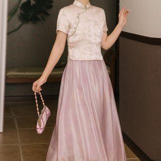 Set: Short-sleeve Qipao Top + Spaghetti-strap Midi A-line Dress