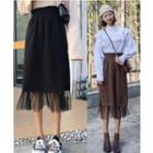 Rib-knit Mesh Hem Midi A-line Skirt