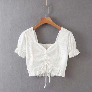 Puff-sleeve Drawstring Eyelet Blouse
