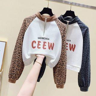 Lettering Leopard Print Panel Sweatshirt