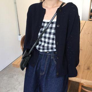 Band Collar Cardigan / Plaid Knit Cami Top