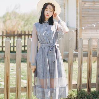 Long-sleeve Sheer Panel Plaid Midi Shirt Dress