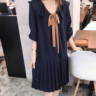 Long-sleeve Bow Accent Pleated Dress