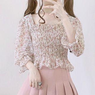 Floral Printed Shirred 3/4-sleeve Top