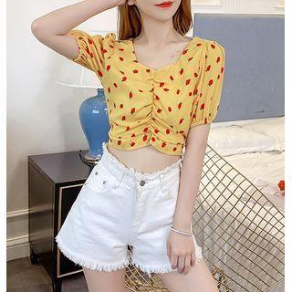 Strawberry Print Puff-sleeve Cropped Top