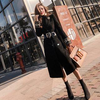 Long Notch-lapel Sequin-trim Buttoned Coat