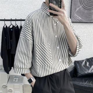 Elbow-sleeve Plain Striped Shirt