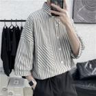 Elbow-sleeve Plain Striped Shirt