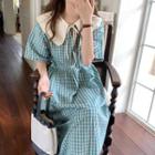 Short-sleeve Doll-collar Gingham Midi Dress Blue - One Size