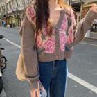 Flower Print Cropped Cardigan Light Brown - One Size