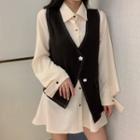 Long-sleeve Mini Shirt Dress / Asymmetric Stitched Trim Buttoned Vest