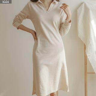 Open-placket Tie-waist Midi Polo Dress