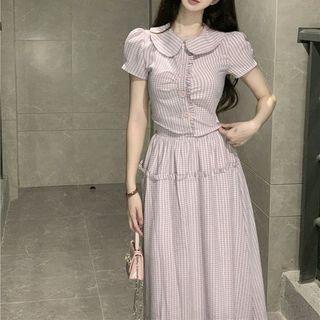 Puff-sleeve Plaid Shirt / Midi A-line Skirt