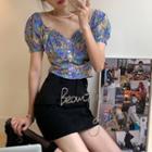 Floral Print Puff Sleeve Blouse As Shown In Figure - One Size