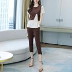 Set: Short-sleeve Two-tone Blouse + Cropped Tapered Pants