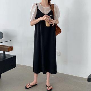 Plain Short-sleeve Blouse / Midi Pinafore Dress