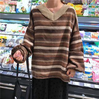 Oversized Striped V-neck Sweatshirt