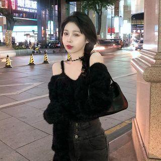 Fluffy Cold-shoulder Knit Top