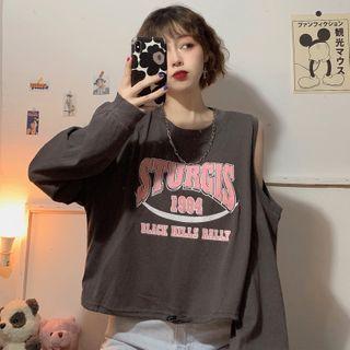 Cutout-shoulder Long-sleeve Letter Print T-shirt