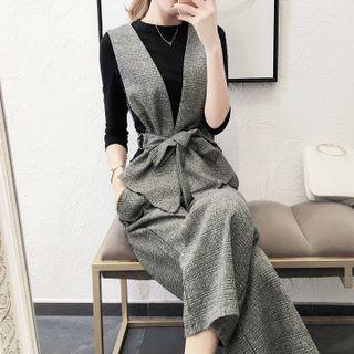 Set: Long-sleeve Top + Tie-waist Vest + Wide-leg Pants