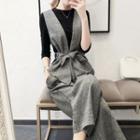 Set: Long-sleeve Top + Tie-waist Vest + Wide-leg Pants