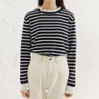 Ruffle-hem Striped Long-sleeve Top Stripes - Blue & White - One Size