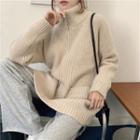 Stand-collar Long-sleeve Cardigan Almond - One Size