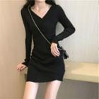 Long-sleeve V-neck Knit Dress Black - One Size