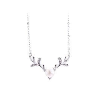 925 Sterling Silver Fashion Simple Elk White Freshwater Pearl Necklace Silver - One Size