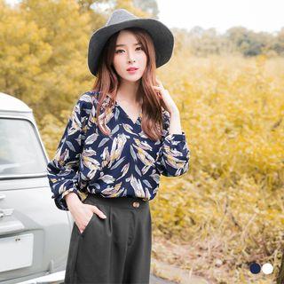 Leaf Print V-neck Blouse