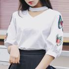 Cutout Embroidered Elbow-sleeve Top