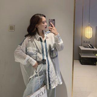 Color-block Long-sleeve Loose-fit Shirt White - One Size