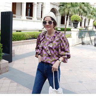 Square-neck 3/4-sleeve Ruffled Floral Top