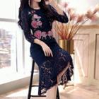 Flower Embroidered 3/4-sleeve Mermaid Lace Dress