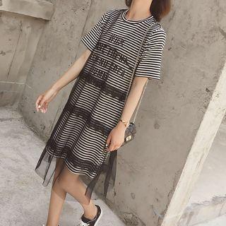 Set: Lettering Striped Short Sleeve T-shirt Dress + Mesh Sleeveless Dress