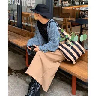 Braided-strap Stripe Knit Tote Bag Black - One Size
