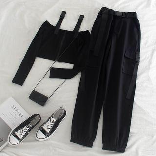 Long-sleeve Off-shoulder Cargo Zipped Top / Cargo Pants