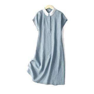 Cap-sleeve Collar Linen Midi A-line Dress