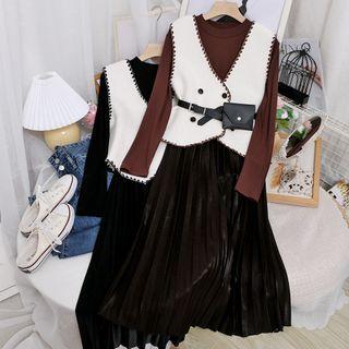 Color-block Pleated Dress / V-neck Vest
