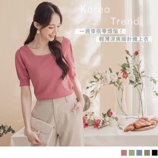 Puff-sleeve Round Neck Plain Knit Top