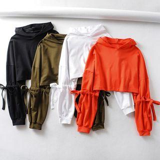 Drawstring Sleeve Cropped Hooded Sweatshirt