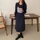 Puff-sleeve Shirred Midi A-line Dress Navy Blue - One Size