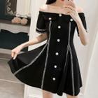 Short-sleeve Tweed Trim Buttoned A-line Mini Dress