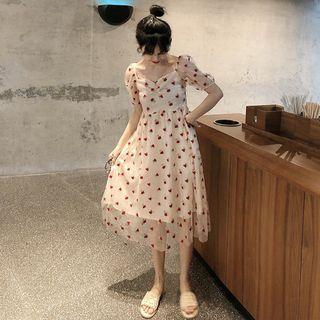 Strappy / Short-sleeve Embroidered A-line Midi Dress