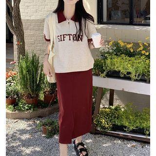 Short-sleeve Lettering Zip Polo Shirt / Slit Midi Skirt